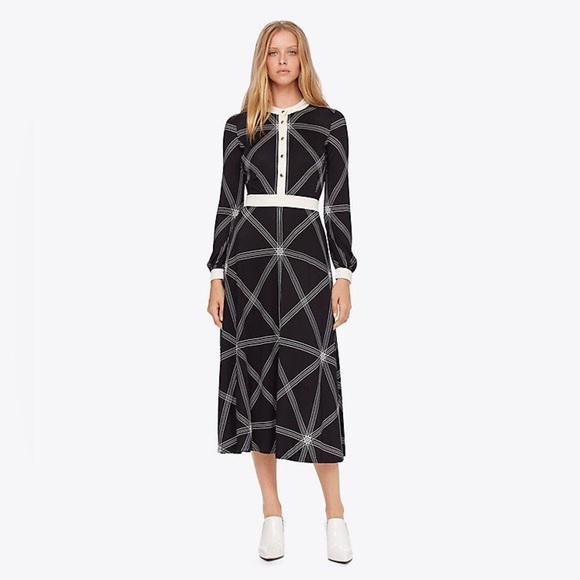 Tory Burch Anja Geometric Black White Midi Dress size M Partial Gold Buttons - Picture 4 of 16
